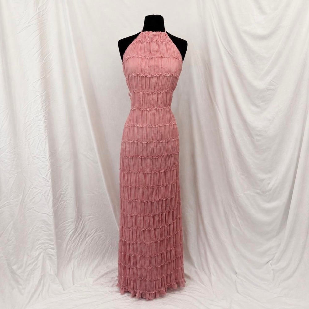 Pink Ruched Halter Maxi Dress Tiered Ruffle Open Back Bodycon XL